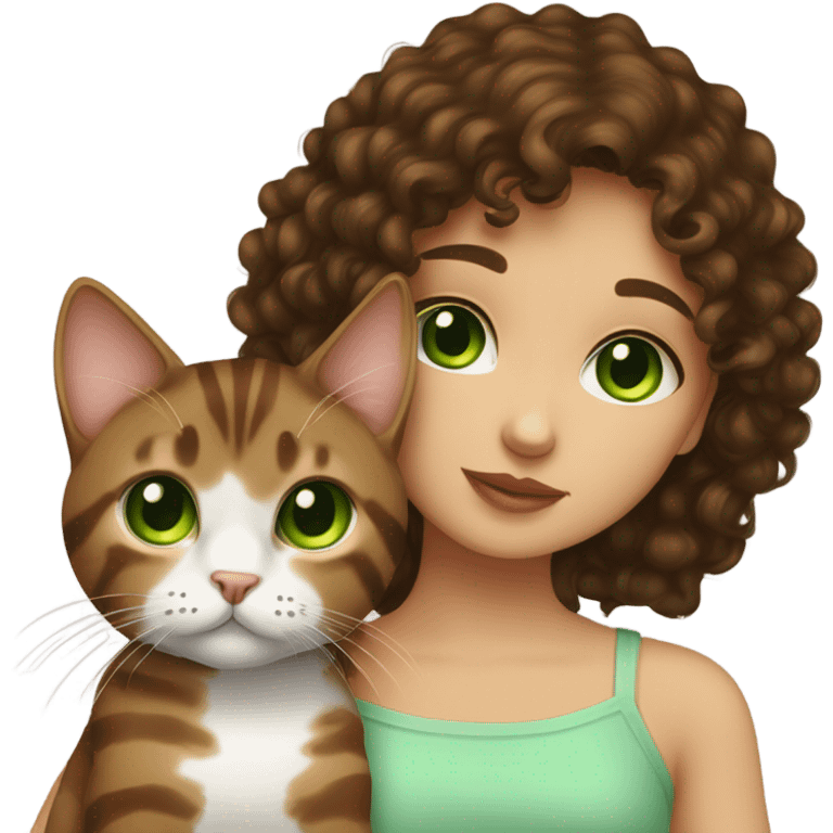 Dark brown curly haired girl with hazel eyes kissing a brown tabby cat with green eyes emoji