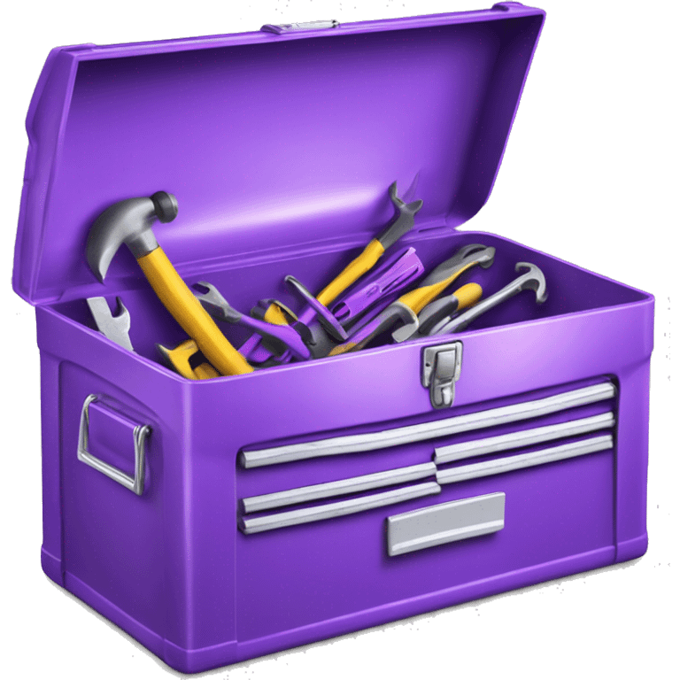 Realistic metallic purple tool box with top open and purple tools inside of it isolated.  emoji