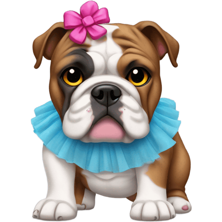 Brindle and white English bulldog wearing tutu  emoji