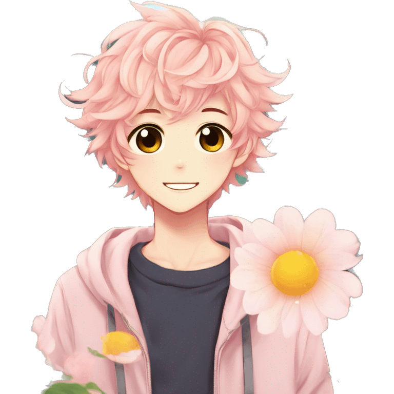 Gorgeous bright sparkly anime style shojo guy with blushing face and flowers aesthetic trending style outside emoji