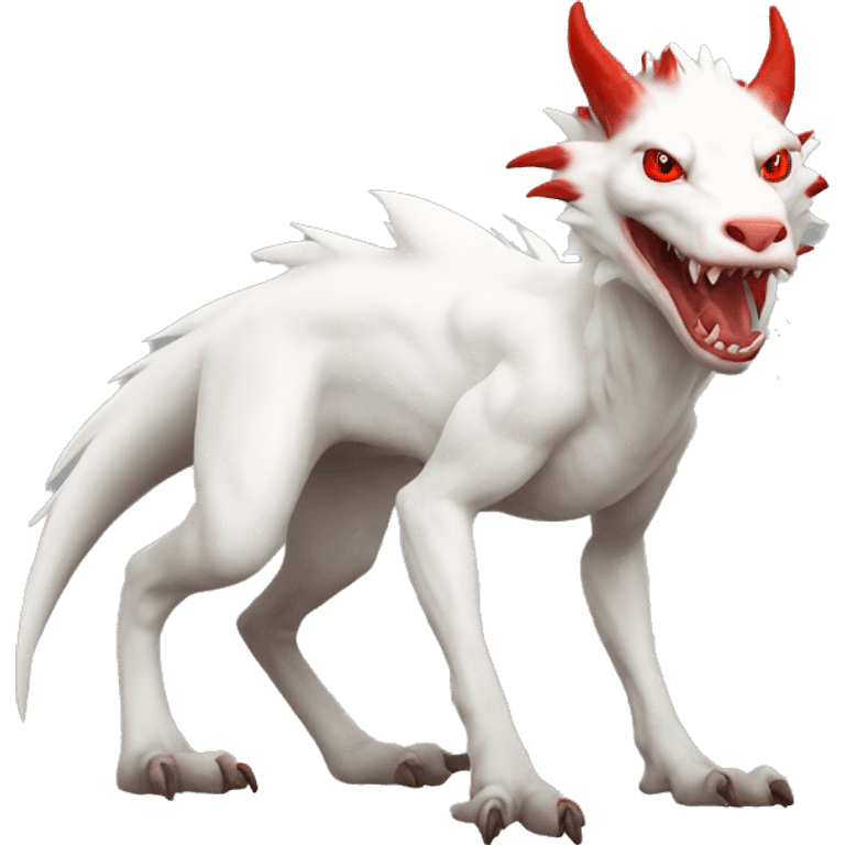 White albino sergal-vernid with red mane and red eyes, full body emoji