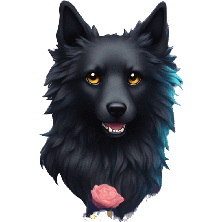 Black iridescent fluffy dog fox head zombie skull skeleton gold mechanical nebula galaxy stars colorful flowers fairy lights vintage emoji