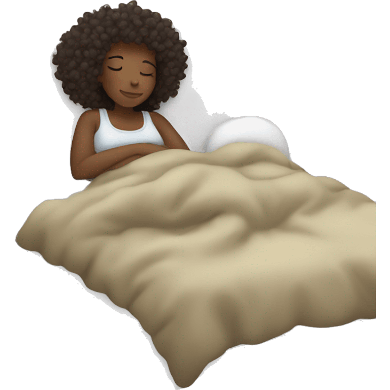 curly haired dark skinned woman cozy sleeping in a comfy bed emoji