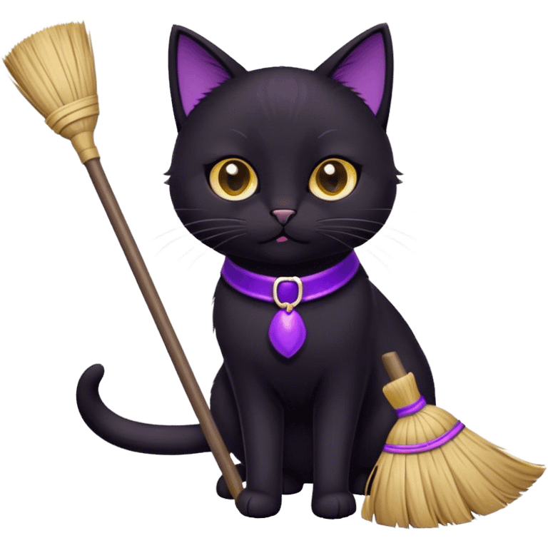 cute black cat with a broom, purple collar emoji