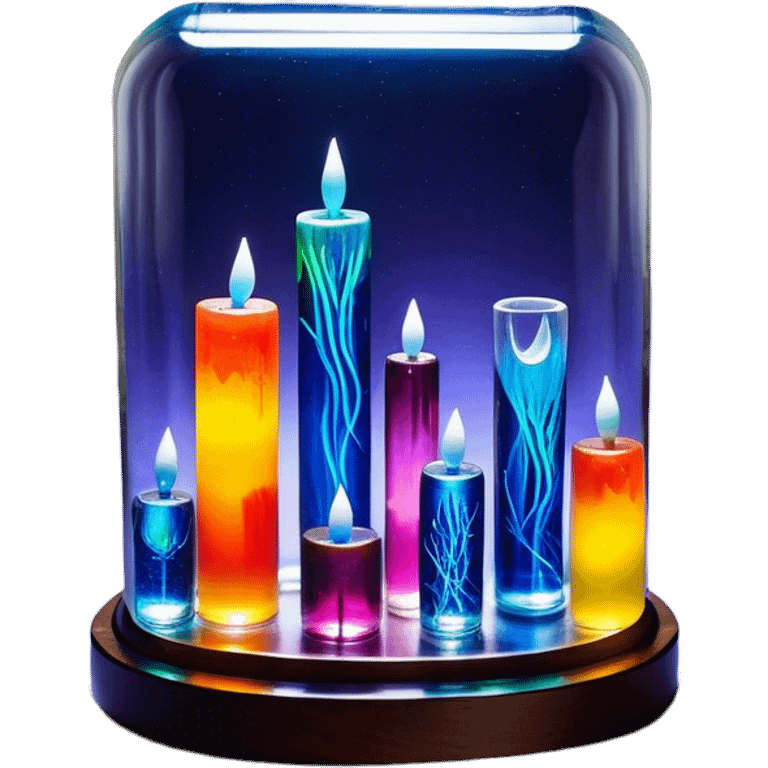 Create an icon that represents decorative arts using epoxy resin in tubes. The design should feature colorful tubes of resin, including fluorescent resin tubes, with visible drops or strokes of resin being applied to create intricate designs. Include examples of finished resin jewelry or decorative pieces, such as pendants, rings, or abstract art. The composition should feel vibrant and artistic, highlighting the creative and glowing nature of resin crafting. The background should be transparent. emoji