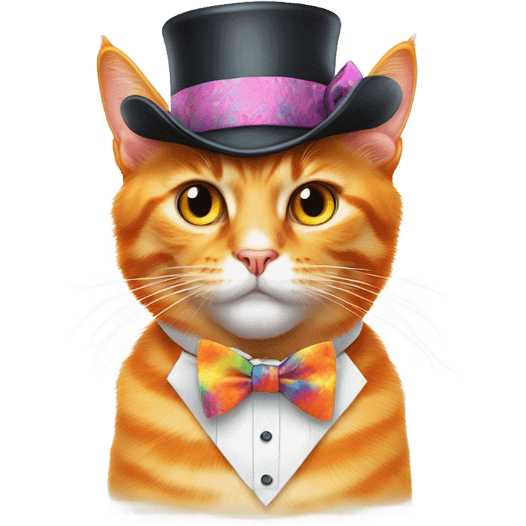 orange cat with tie-dye tophat and bow tie emoji