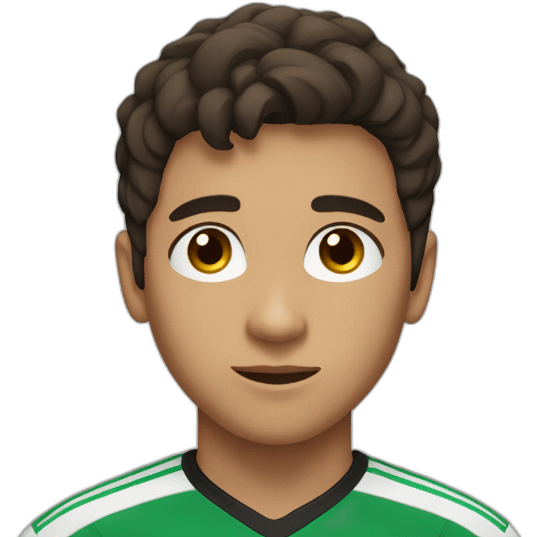 Teenage boy with short dark brown hair and dark brown eyes wearing a soccer jersey emoji