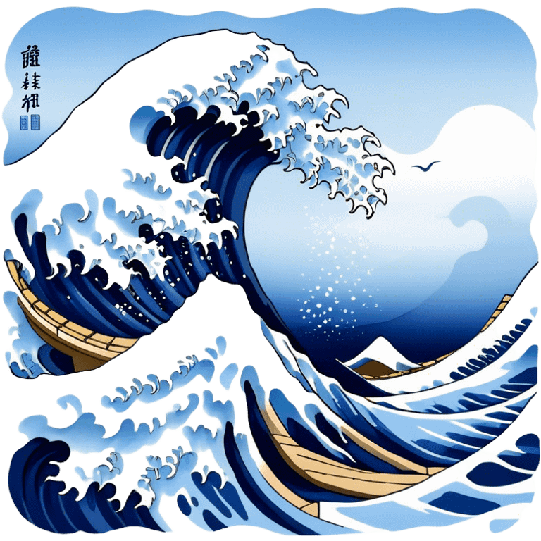 Cinematic Realistic Great Wave off Kanagawa, depicted as a colossal, crashing wave with dynamic blue hues and frothy white crests, rendered with intricate textures and fluid motion that captures both the timeless power and poetic beauty of the iconic Japanese artwork emoji