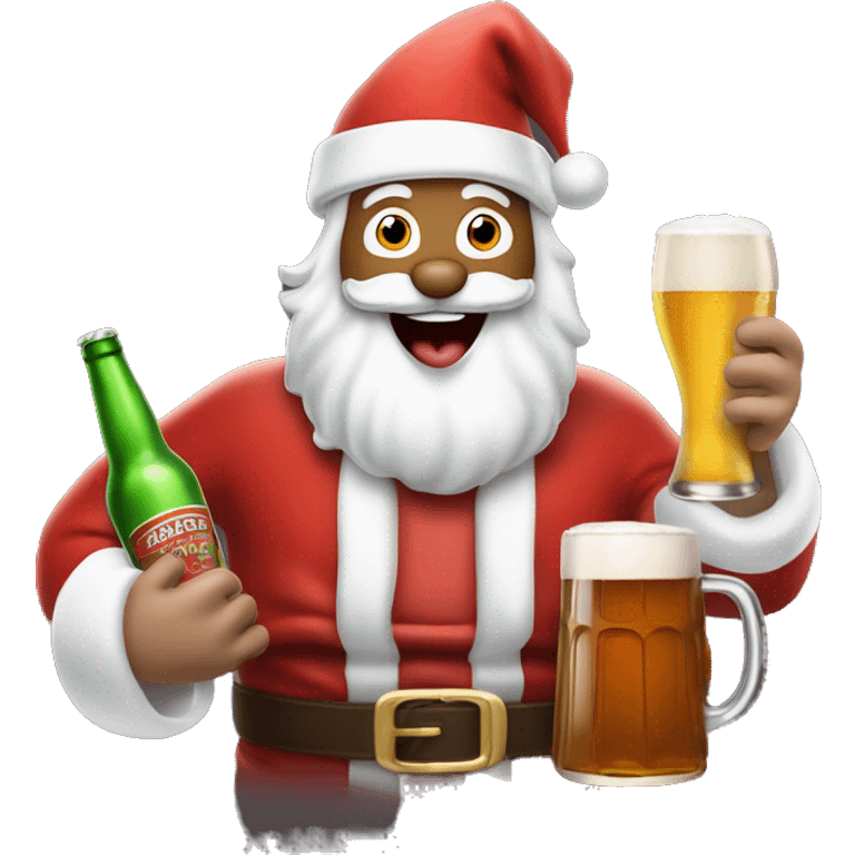 Excited white Santa's face sticking out tongue and rudolph holding beers with sled emoji