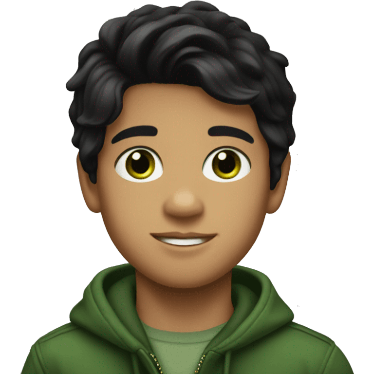 Boy, straight black hair, pretty, green eyes, wearing a pull Ralph Lauren  emoji