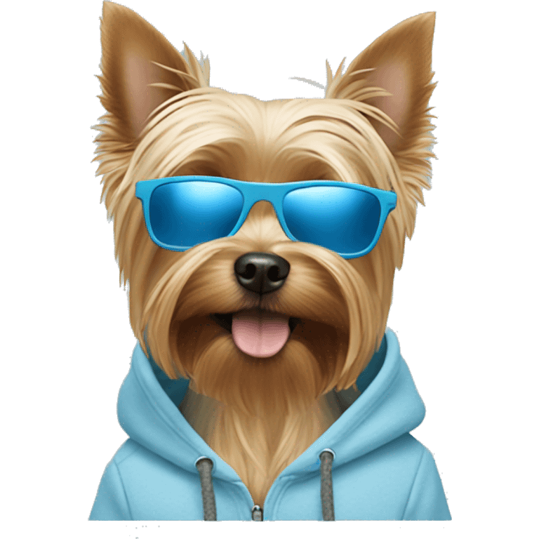 Yorkshire terrier dog with a pastel blue hoodie and pastel blue sunglasses emoji