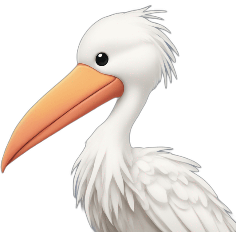  A big white stork carrying a bundle of cloth in its beak that has a cute white skinned baby face peeking out from it with black head emoji