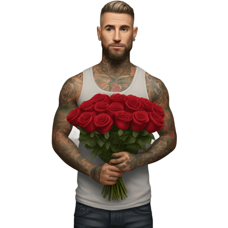 Hyper Realistic handsome tattooed man holding a bouquet of roses emoji