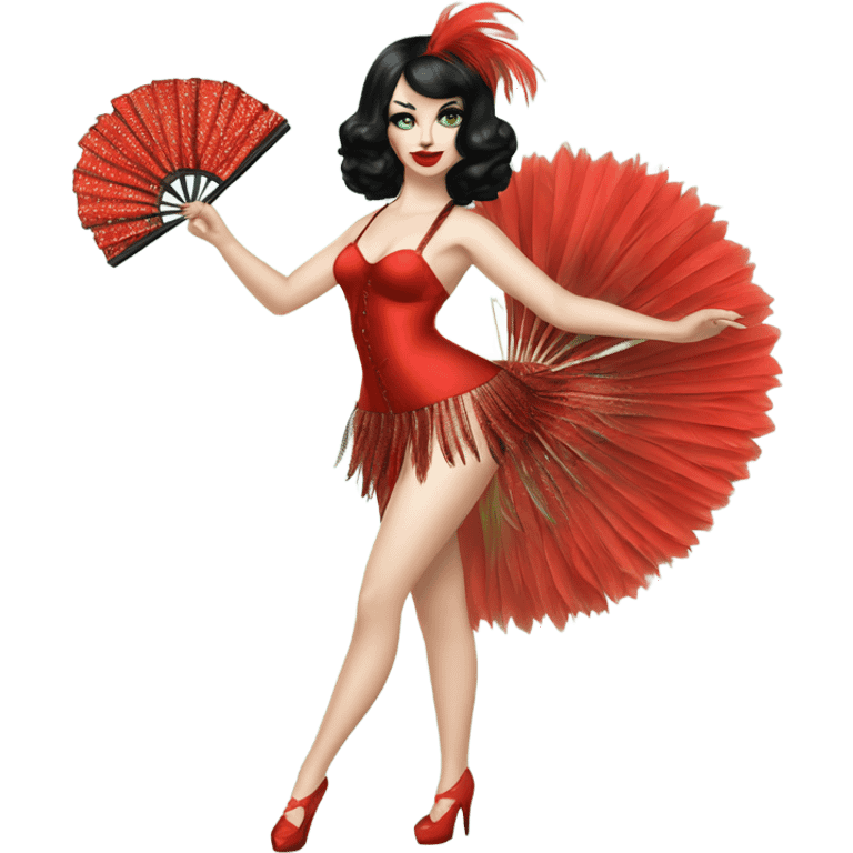 Burlesque dancer with black hair, pale skin, and green eyes in a red vintage costume holding red feather fans emoji