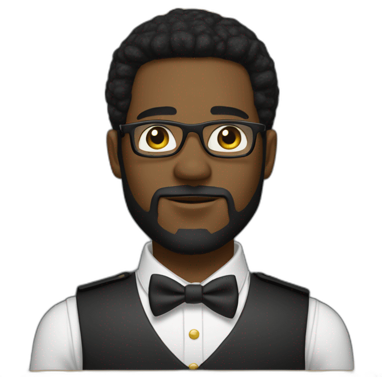 black soldier with beard, part in black hair, white collared shirt, bow tie, gold frame glasses, bulletproof vest  emoji