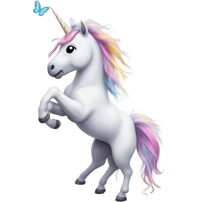 Unicorn dancing underneath a rainbow with butterflies all around her.  emoji