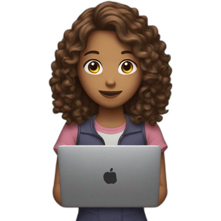 girl with long curly brown hair with a laptop in her hands emoji