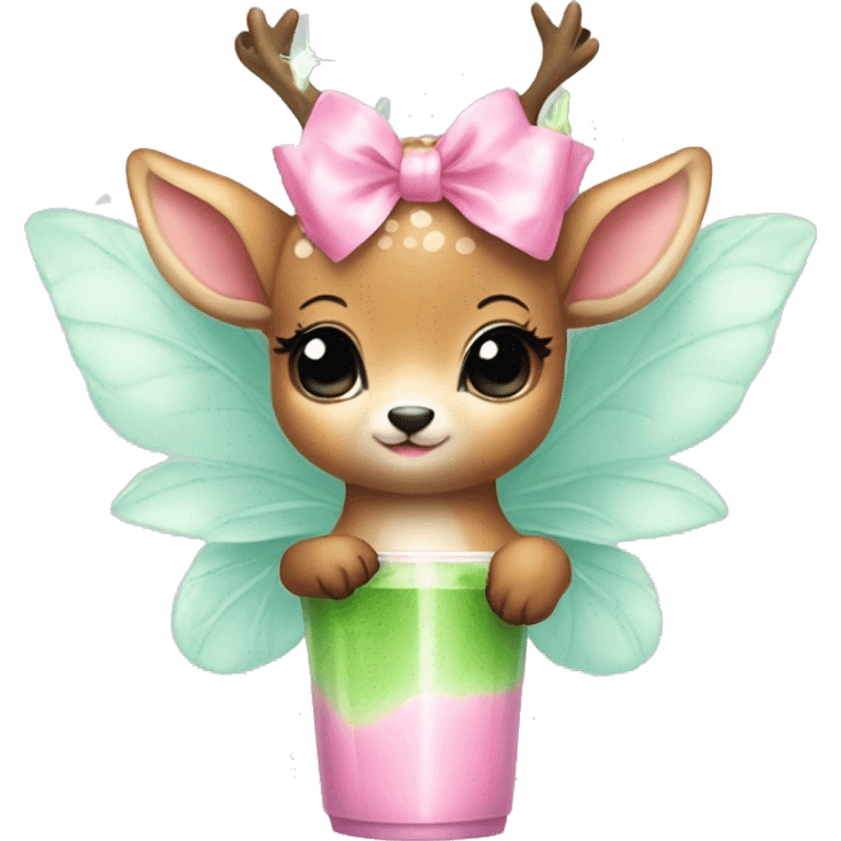 baby deer with fairy wings and a pink bow around its neck drinking iced matcha latte  emoji