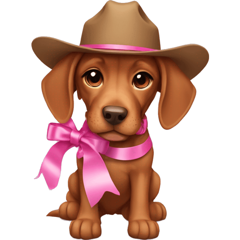 A female vizla puppy with a pink ribbon around her neck and cowboy boots on emoji