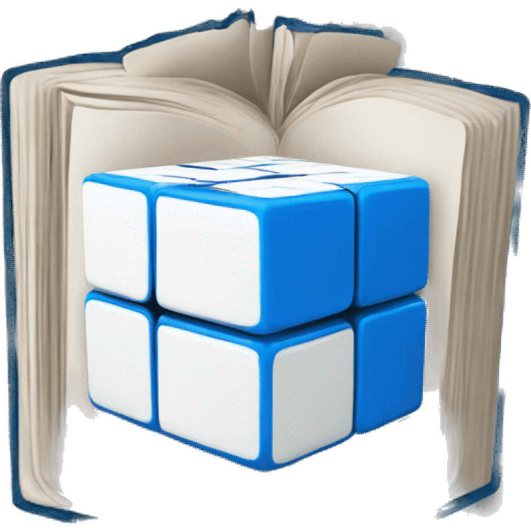 white and blue rubik's cube with book emoji