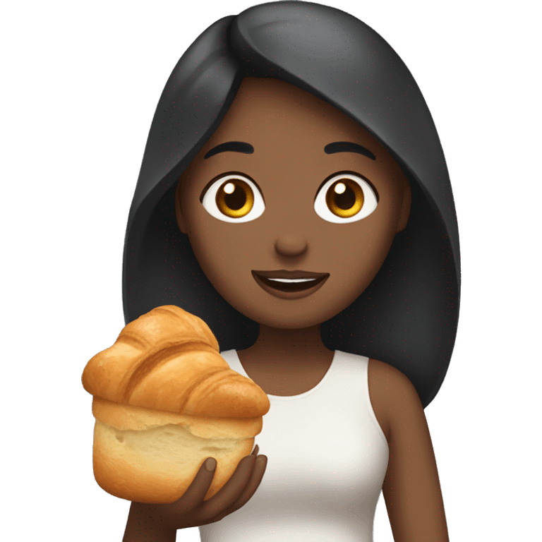 girl with dark hair holding a croissant emoji