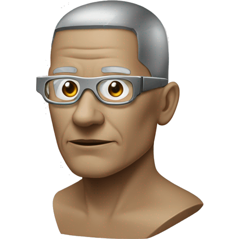 Older Male cyborg head with metallic plated face, brown flat top haircut, glasses and circuitry emoji