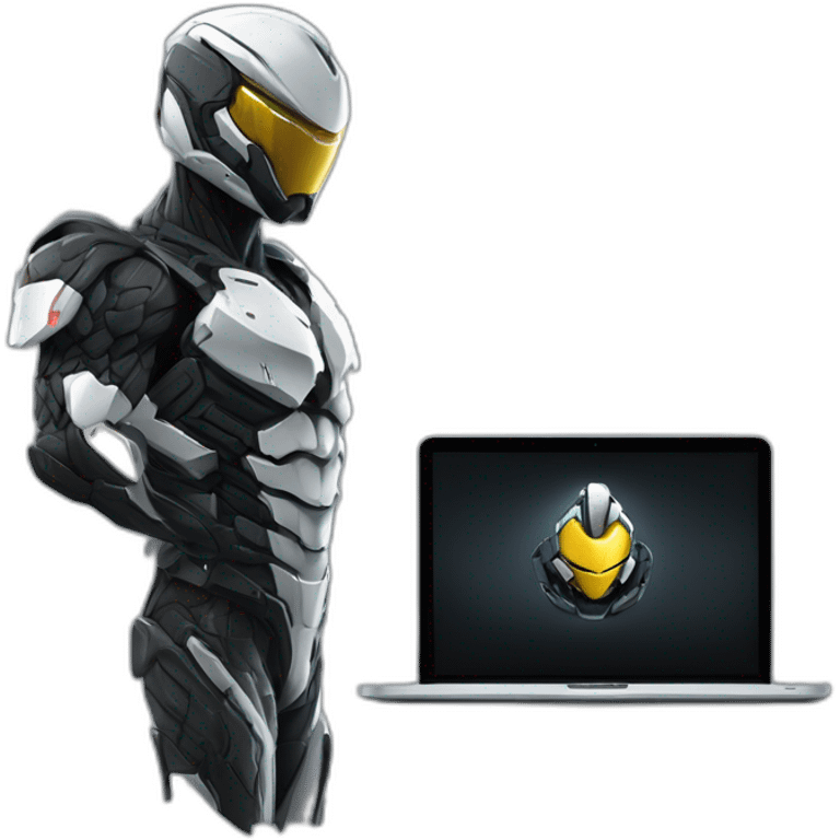 Side view developer behind his laptop with this style : Crytek Crysis Video game with nanosuit hacker themed character emoji