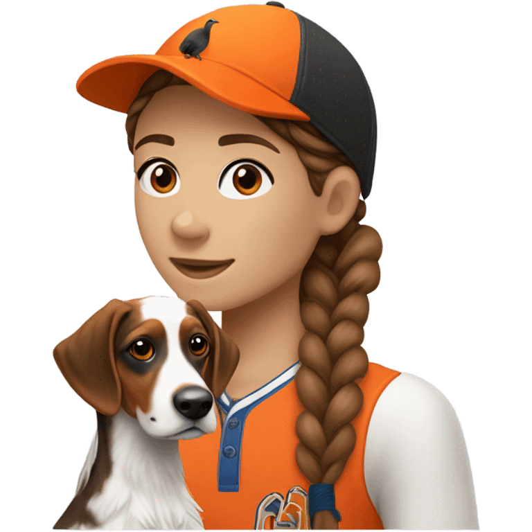 Brunette white human girl with braided pigtails in a bright orange baseball hat with a phesant on it with a tricolor English setter with a half black face emoji