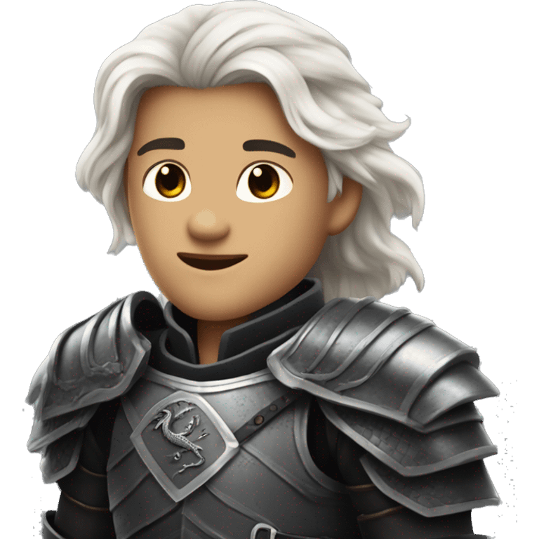 A young prince from house Targaryen with long silver hair with black armor evocative of a dragon emoji