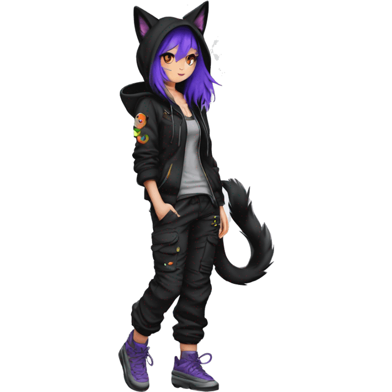 Edgy Anthro-sona cool shy colorful urban beautiful pretty anime Black cat-Pokémon techwear cargo pants hoodie collar emoji