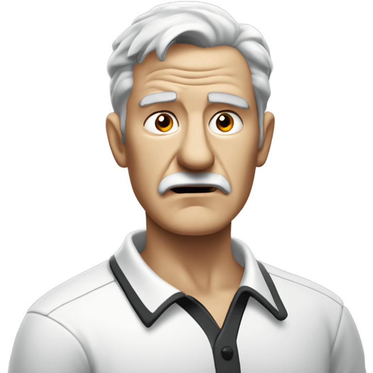 old angry english man, grey hair, no facial hair. wearing a white smart polo shirt with black buttons. emoji