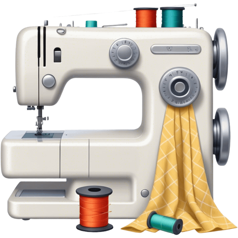 Sewing icon, sewing machine with thread, visible needle, spools of thread, fabric pieces cut according to patterns, measuring tape, pins, scissors, and a dress in progress, minimalistic style, clean lines, transparent background. emoji