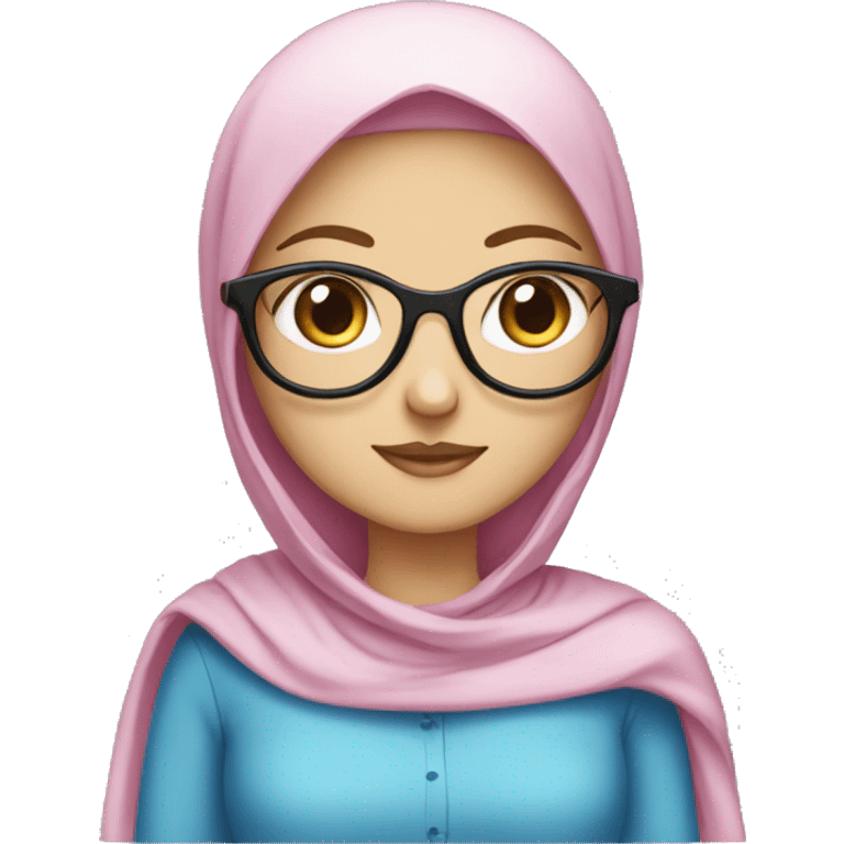 a white girl wearing galasses and blue dress and pink hijab emoji