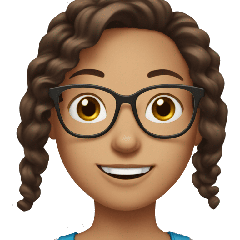 Hi please create an emote of a girl with chocolate brown hair with the sides shaved, blue eyes and glasses. make her laugh. include the word LOL. emoji