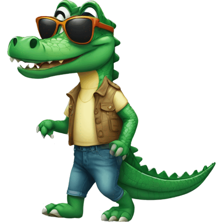 Crocodile walking with wearing sunglasses of white color emoji