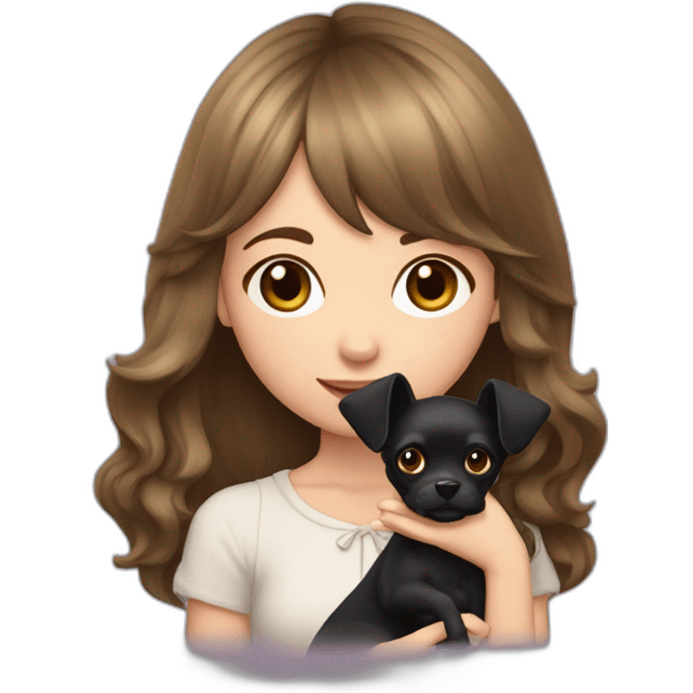 young girl with long wavy hair, short bangs, pale skin holding her little black chichuachua dog with big pointed ears emoji