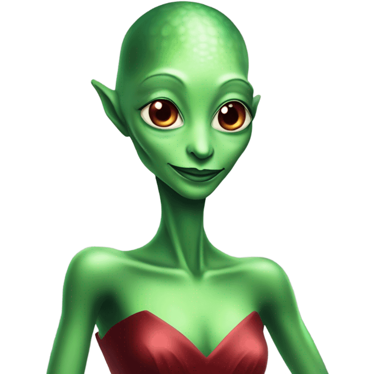 reptilian green alien woman, in long slim pastel red formal party satin dress with gradient shiny sparkling dark red emoji