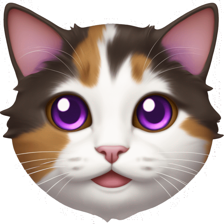 Calico cat with purple eyes and white pupils, dark brown, red, and white color, Munchkin fluffy cat, purple eyes emoji