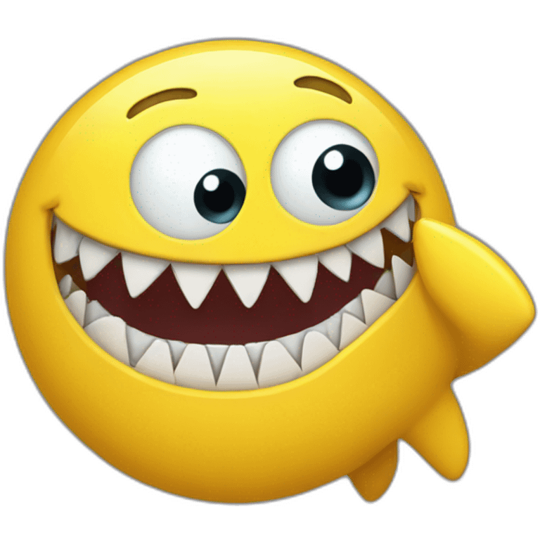 yellow emoji with crazy eyes and shark tooth smile and float hand coming towards viewer emoji