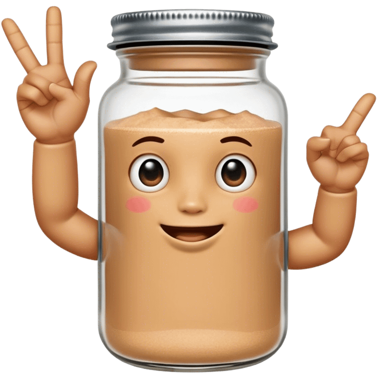 A cute anthropomorphic salt jar with transparent glass body and metal lid, raising both arms to form a "6" hand gesture with thumb and pinky extended on each hand emoji