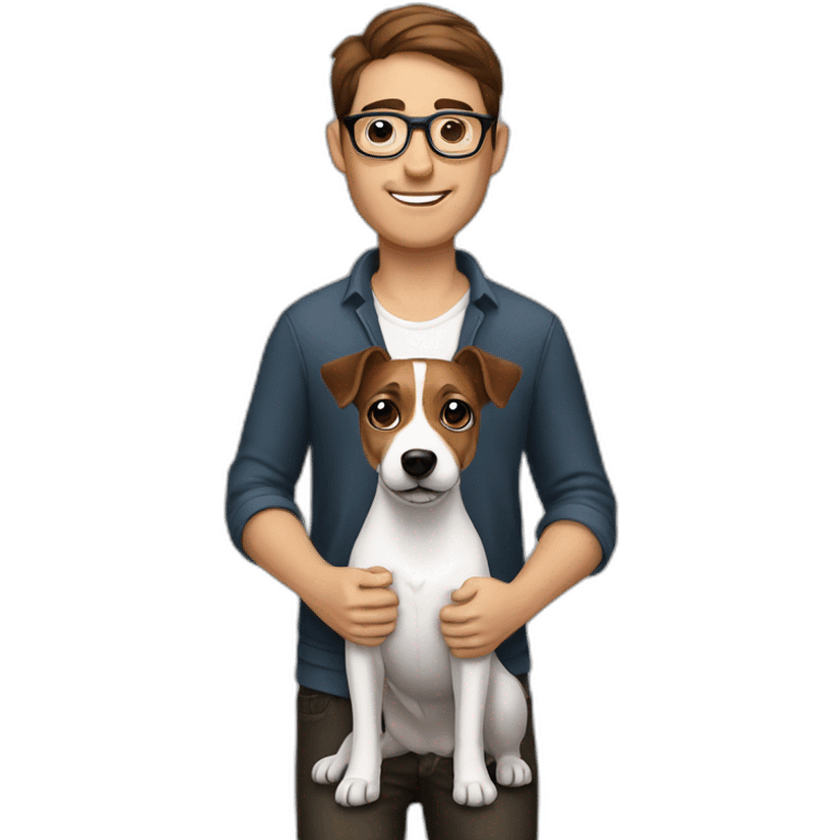 Man with modern cut brown hair with glasses with jack russell terrier dog emoji