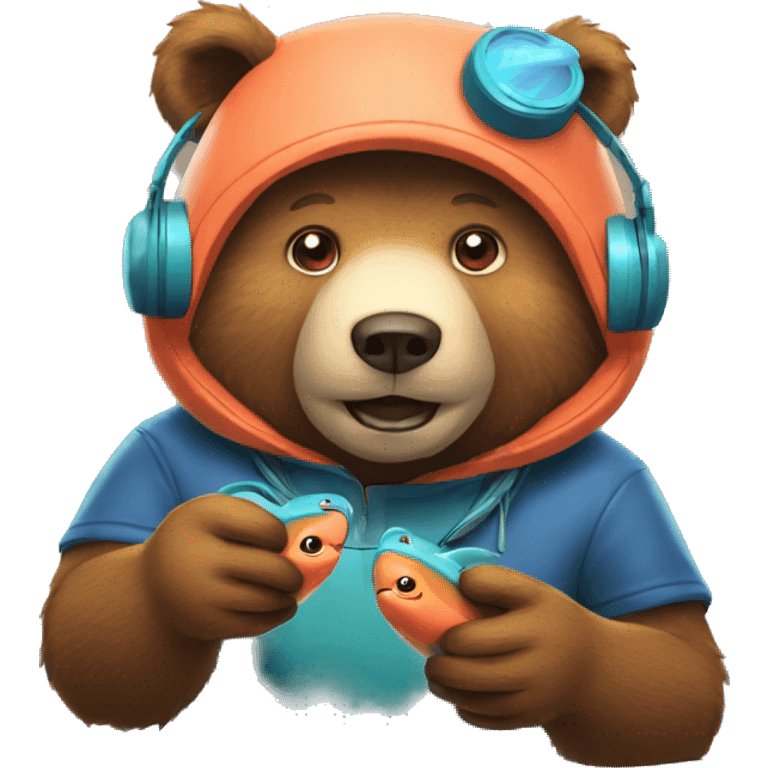 Bear wearing headset playing video game about catching salmon emoji