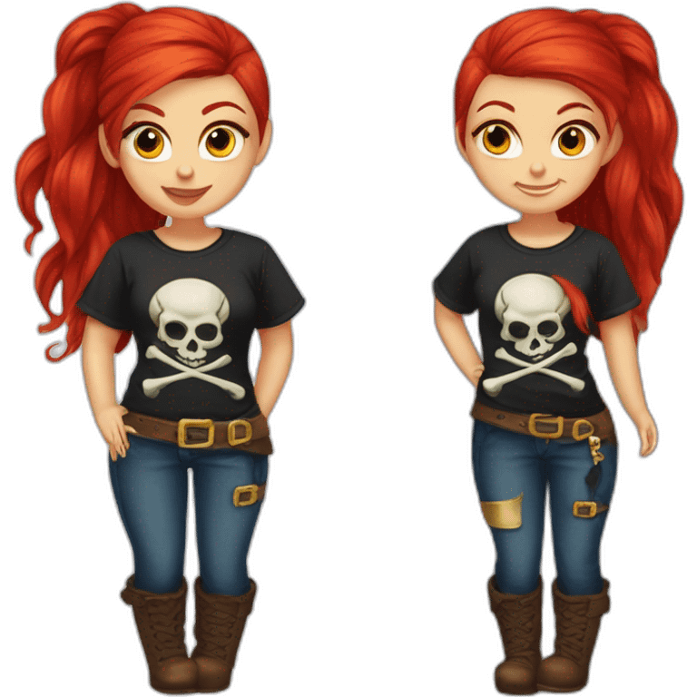 Woman long red hair on one side, tattoo on side of head. other side of head is shaved.  pirate hat. skull and crossbones t shirt emoji