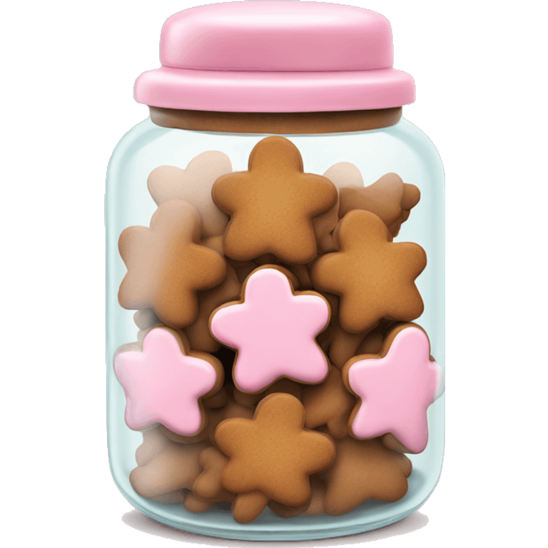 Realistic glass cookie jar with light pink lid full of gingerbread cookies isolated.  emoji