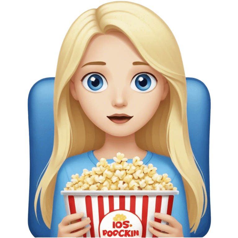 Cinematic realistic blonde with long hair, blue eyes watching TV and eating popcorn emoji