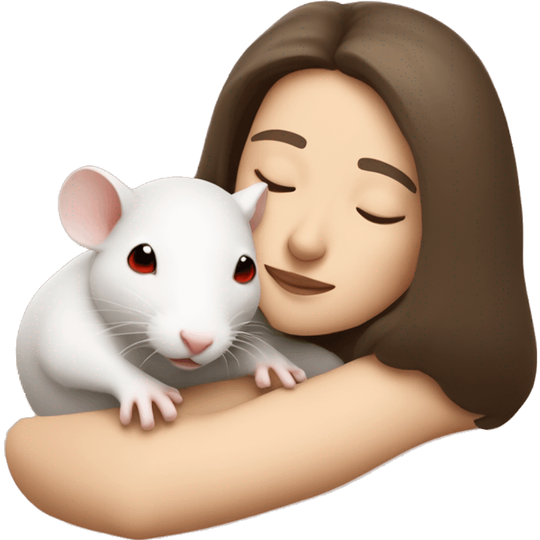 white brunette sleeping tan woman cuddling with one tiny white rat with red eyes emoji