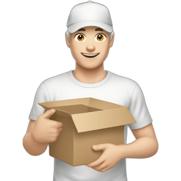 Pale skinned Man in a white cap and gray T-shirt with a box into his hands emoji