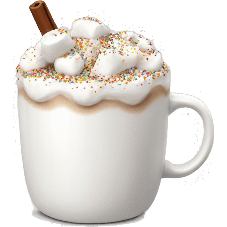 White mug with hot coco, whipped cream, marshmallows with sprinkles  emoji