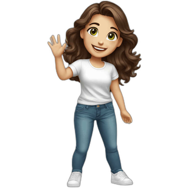 beautiful girl, white, with wavy dark brown hair, green brown eyes, smiles at the camera and waves her hand, standing, good teeth, white t shirt, blue jeans, sneakers, realistic drawing emoji