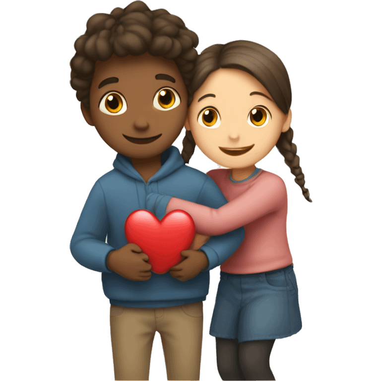 Girl and boy hugs two with hearts around emoji